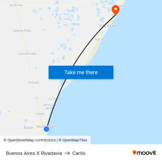 Buenos Aires X Rivadavia to Cariló map