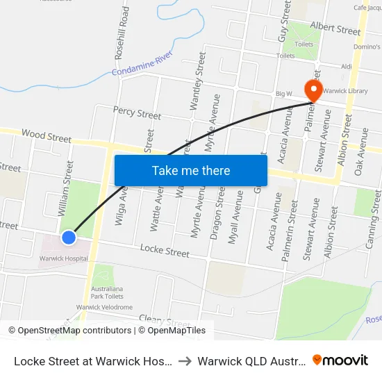 Locke Street at Warwick Hospital to Warwick QLD Australia map