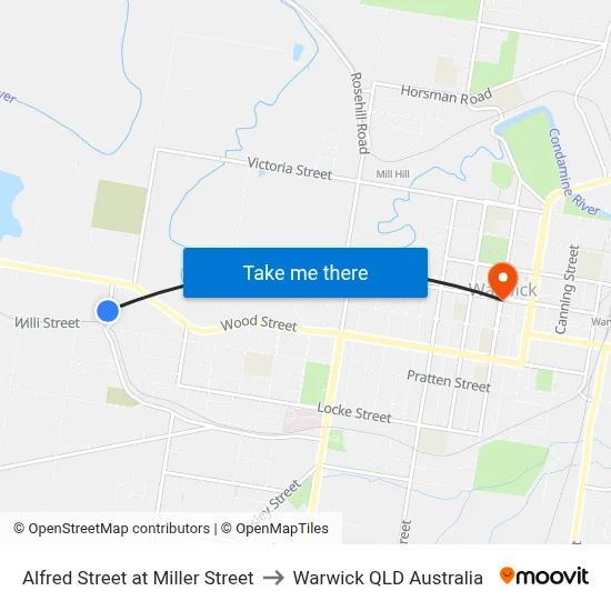 Alfred Street at Miller Street to Warwick QLD Australia map
