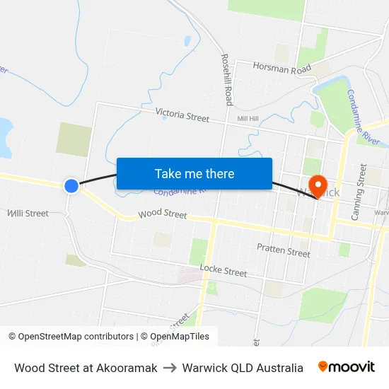 Wood Street at Akooramak to Warwick QLD Australia map