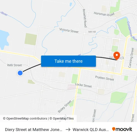 Diery Street at Matthew Jones Drive to Warwick QLD Australia map