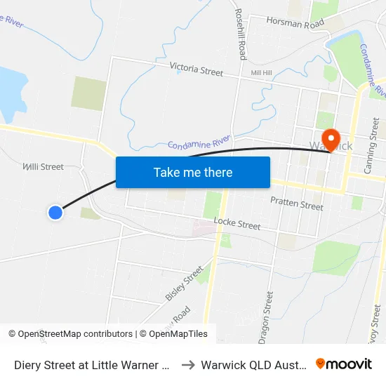 Diery Street at Little Warner Street to Warwick QLD Australia map
