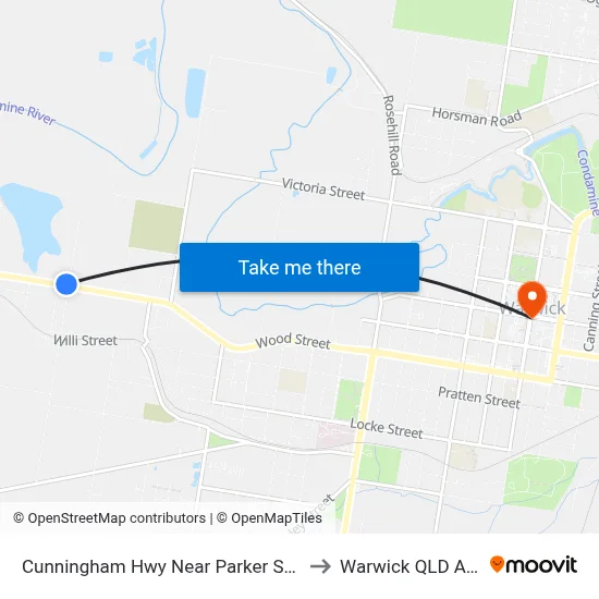 Cunningham Hwy Near Parker St Hail 'N' Ride to Warwick QLD Australia map