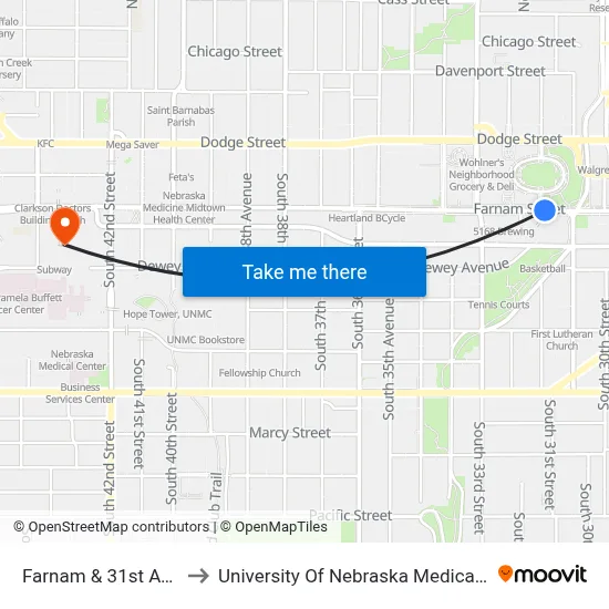 Farnam & 31st Ave NE to University Of Nebraska Medical Center map