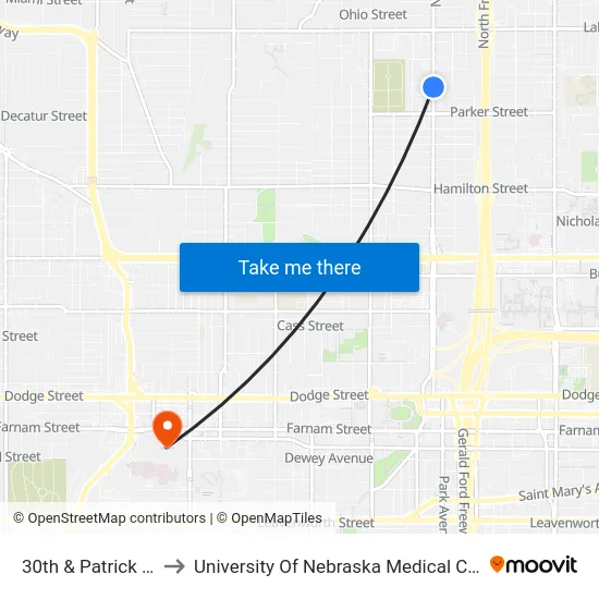 30th & Patrick SW to University Of Nebraska Medical Center map