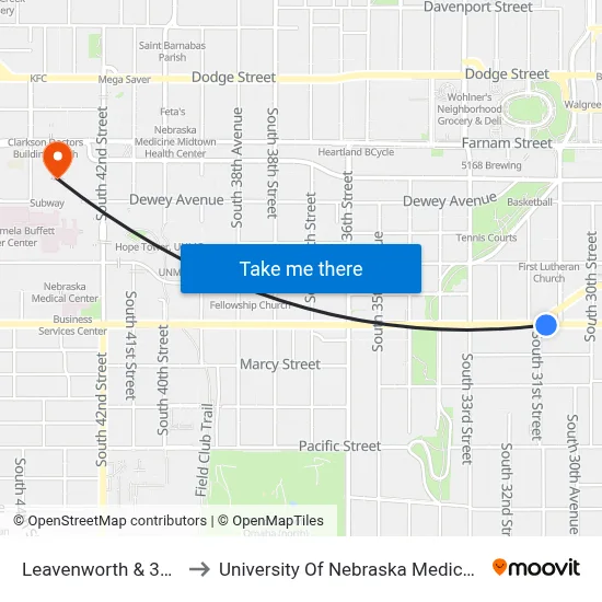 Leavenworth & 31st SE to University Of Nebraska Medical Center map