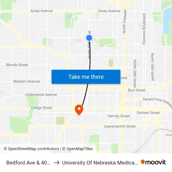 Bedford Ave & 40th NE to University Of Nebraska Medical Center map