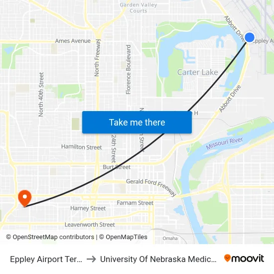 Eppley Airport Terminal to University Of Nebraska Medical Center map