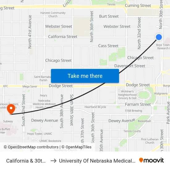 California & 30th NW to University Of Nebraska Medical Center map