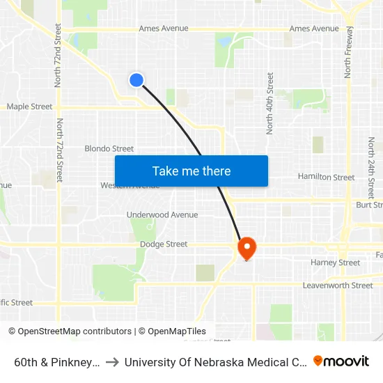 60th & Pinkney SE to University Of Nebraska Medical Center map