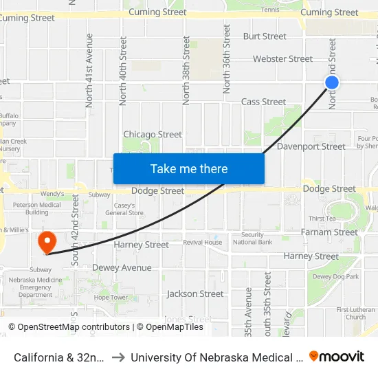 California & 32nd NE to University Of Nebraska Medical Center map