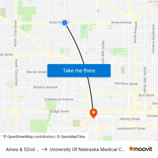 Ames & 52nd NE to University Of Nebraska Medical Center map