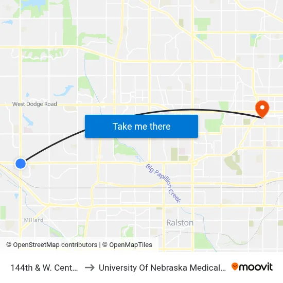144th & W. Center SE to University Of Nebraska Medical Center map