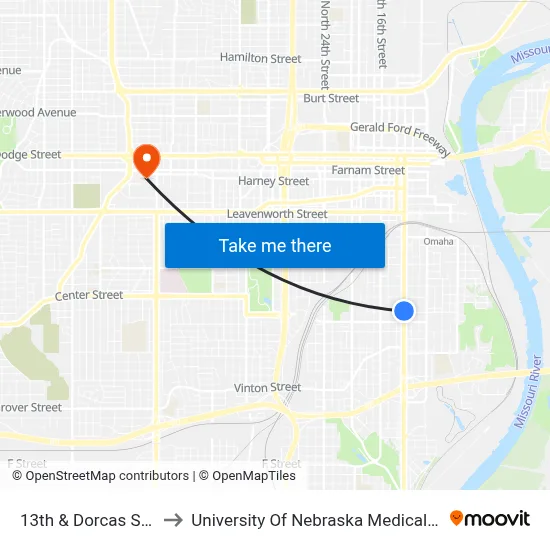 13th & Dorcas St NW to University Of Nebraska Medical Center map