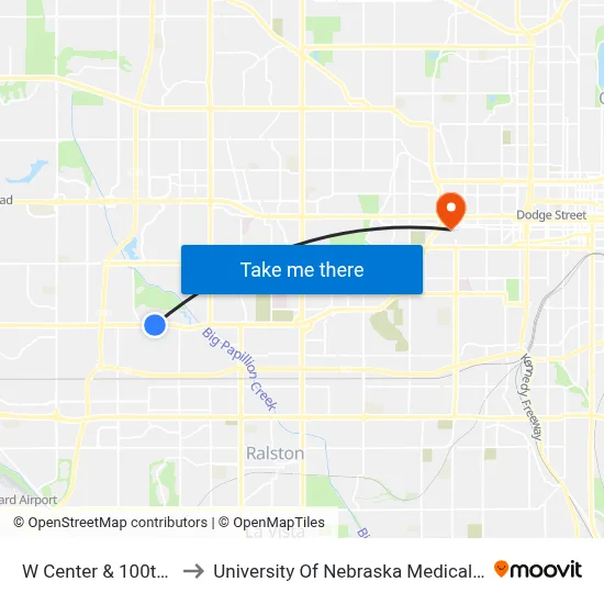 W Center & 100th NW to University Of Nebraska Medical Center map