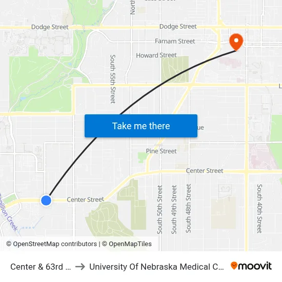 Center & 63rd NE to University Of Nebraska Medical Center map