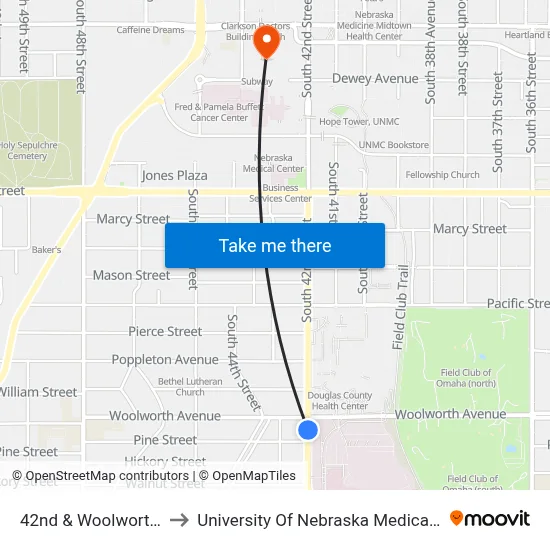 42nd & Woolworth SW to University Of Nebraska Medical Center map
