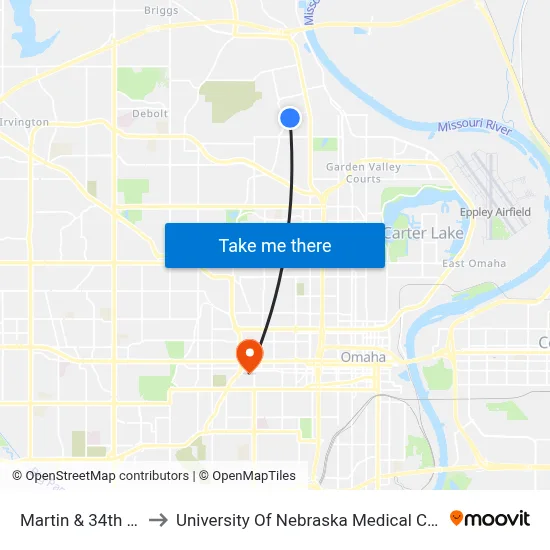 Martin & 34th SW to University Of Nebraska Medical Center map