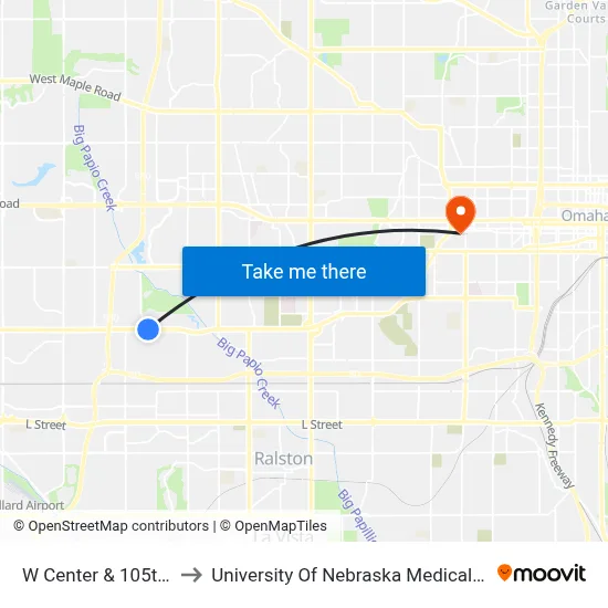 W Center & 105th NE to University Of Nebraska Medical Center map
