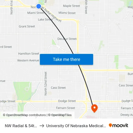 NW Radial & 54th NE to University Of Nebraska Medical Center map