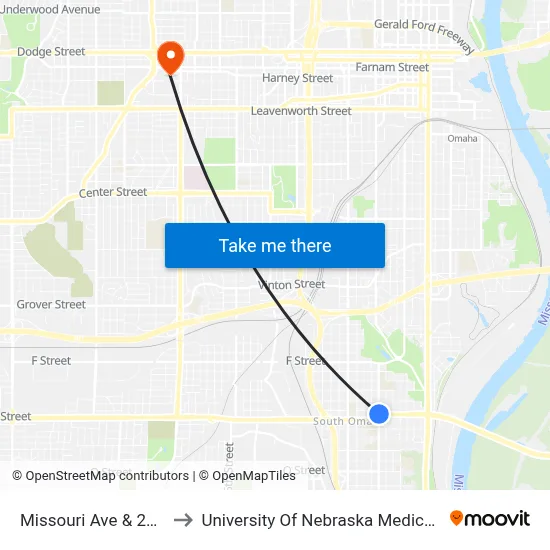 Missouri Ave & 20th NE to University Of Nebraska Medical Center map