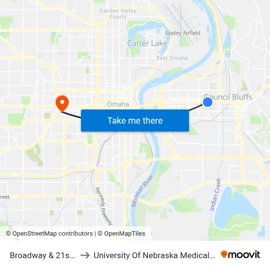 Broadway & 21st SW to University Of Nebraska Medical Center map