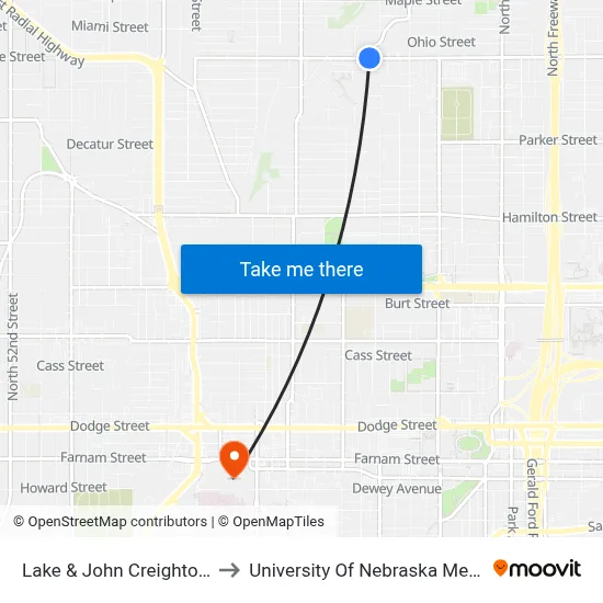 Lake & John Creighton Blvd NE to University Of Nebraska Medical Center map