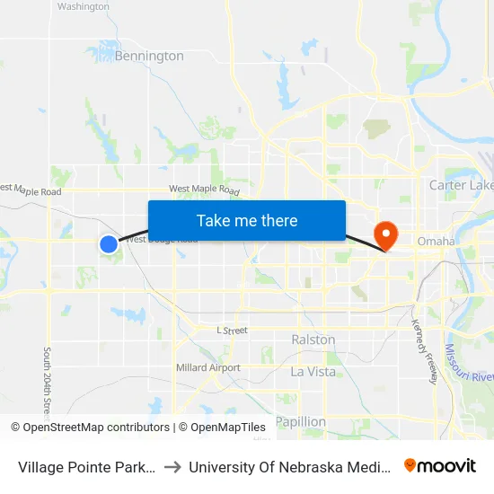 Village Pointe Park & Ride to University Of Nebraska Medical Center map