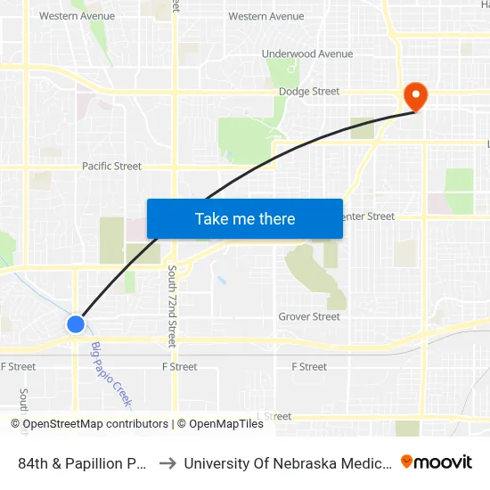 84th & Papillion Pkwy SE to University Of Nebraska Medical Center map