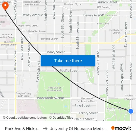 Park Ave & Hickory NW to University Of Nebraska Medical Center map