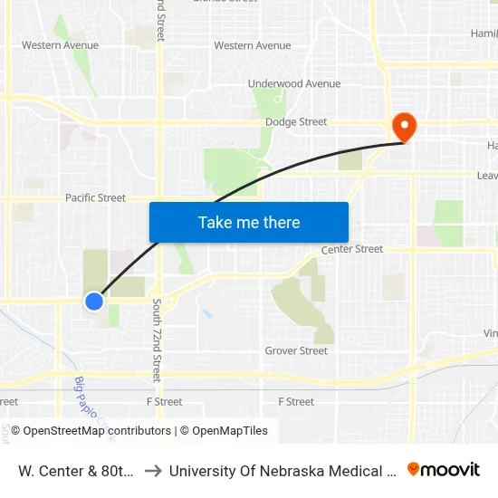 W. Center & 80th SE to University Of Nebraska Medical Center map