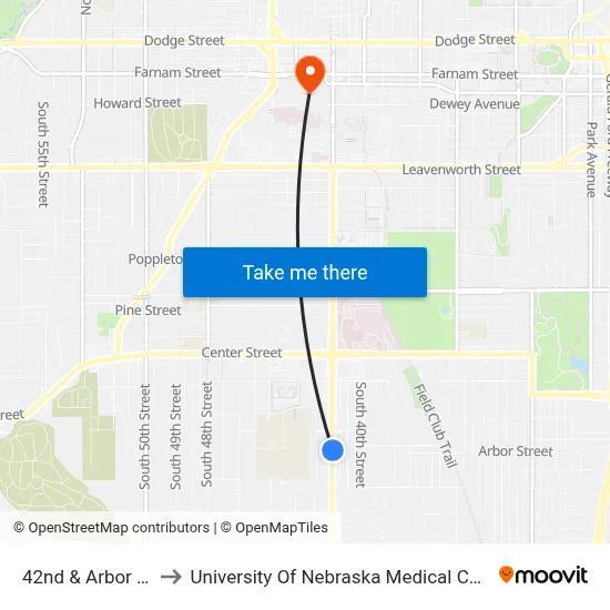 42nd & Arbor NE to University Of Nebraska Medical Center map