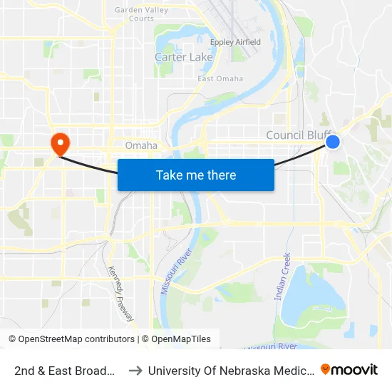 2nd & East Broadway SW to University Of Nebraska Medical Center map