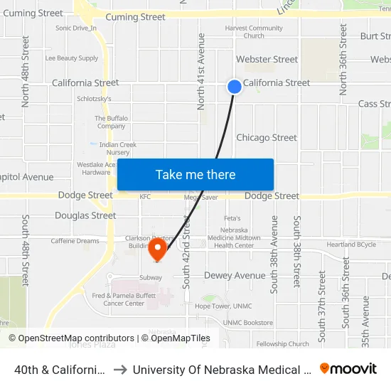 40th & California SE to University Of Nebraska Medical Center map