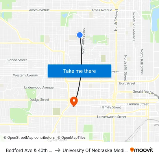 Bedford Ave & 40th Ave NW to University Of Nebraska Medical Center map