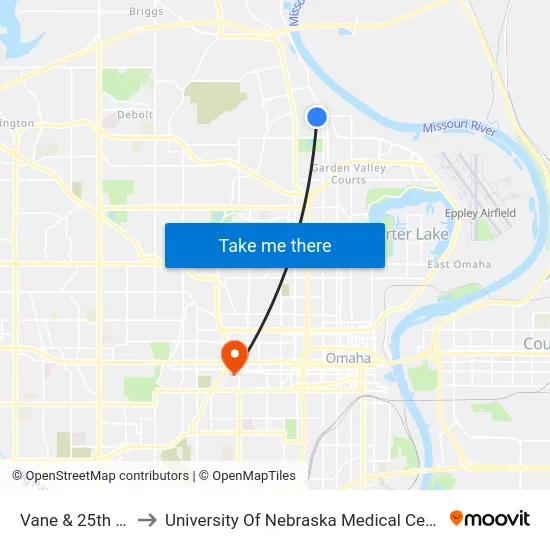 Vane & 25th SE to University Of Nebraska Medical Center map