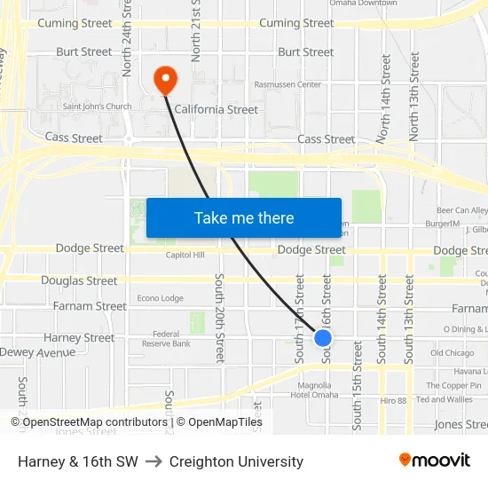 Harney & 16th SW to Creighton University map