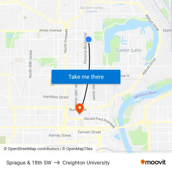 Sprague & 18th SW to Creighton University map