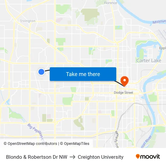 Blondo & Robertson Dr NW to Creighton University map