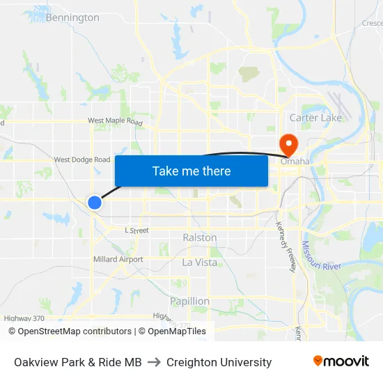 Oakview Park & Ride MB to Creighton University map