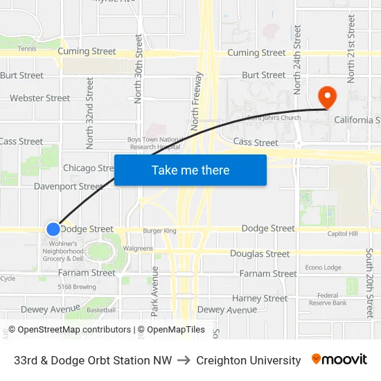 33rd & Dodge Orbt Station NW to Creighton University map