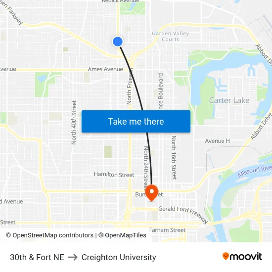 30th & Fort NE to Creighton University map