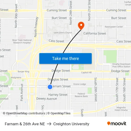 Farnam & 26th Ave NE to Creighton University map