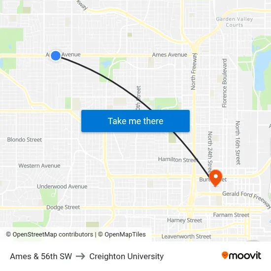Ames & 56th SW to Creighton University map
