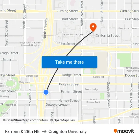 Farnam & 28th NE to Creighton University map