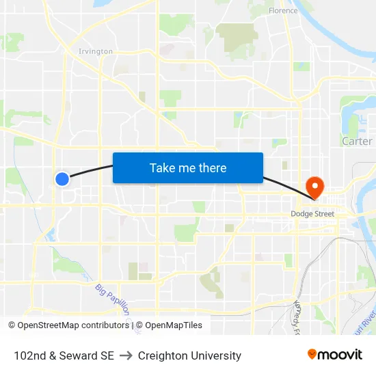 102nd & Seward SE to Creighton University map