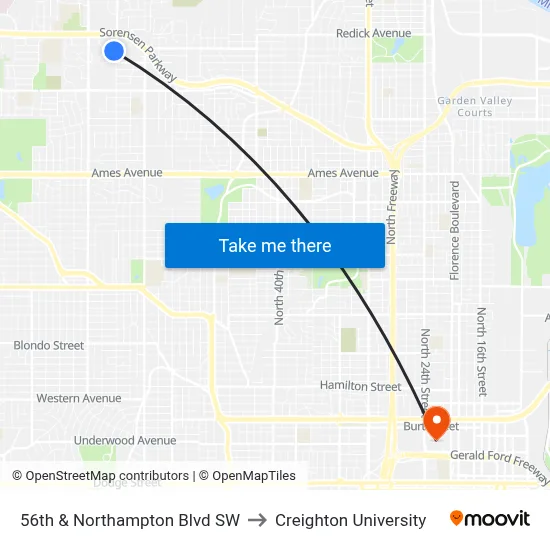 56th & Northampton Blvd SW to Creighton University map