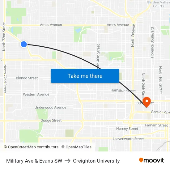 Military Ave & Evans SW to Creighton University map