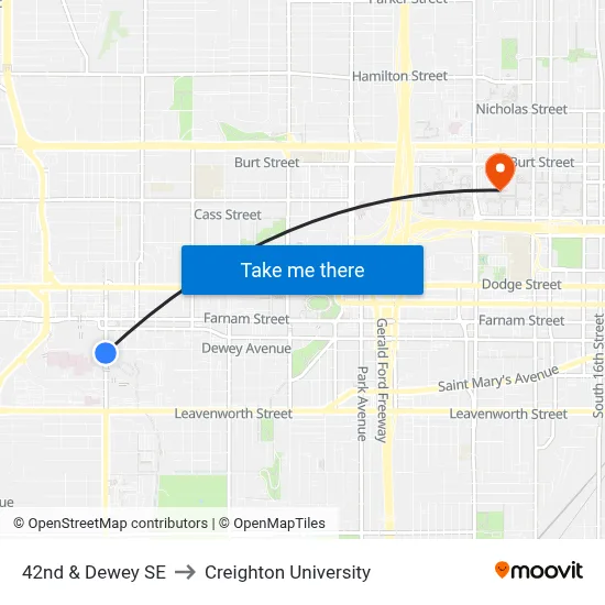 42nd & Dewey SE to Creighton University map