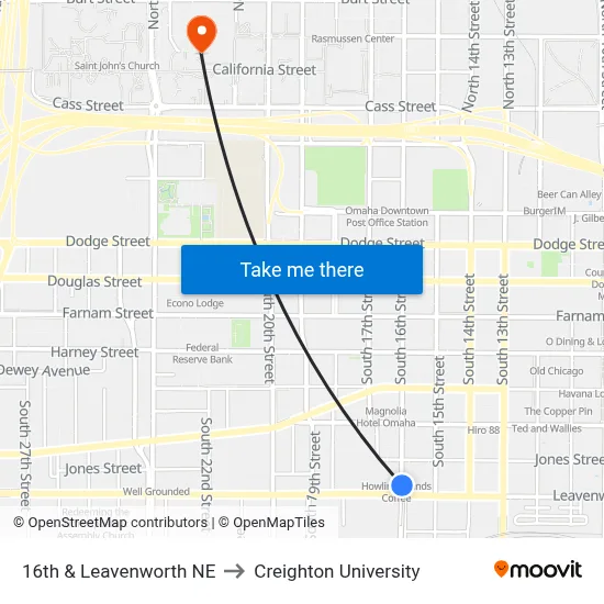 16th & Leavenworth NE to Creighton University map